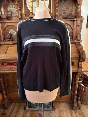 Vintage Retro 80s Cattivo Black Knit Sweater with White and Gray Stripes